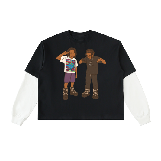 Layered Contrast Sleeve Cotton T-Shirt
