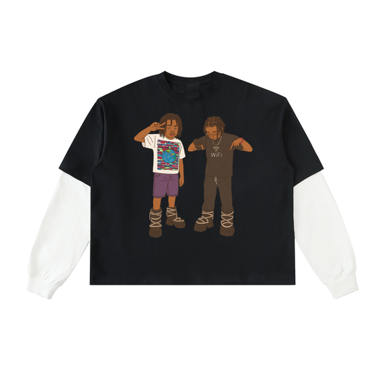 Layered Contrast Sleeve Cotton T-Shirt